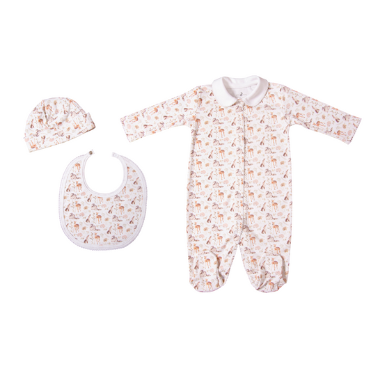 Newborn gift set forest animals (footie + hat +bib)