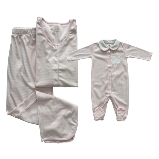 Mom and me Pajama Gift Set Pink stripes (Nursing PJ + footie)