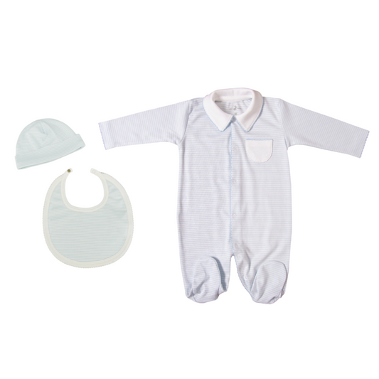 Newborn gift set light blue stripes (footie + hat +bib)